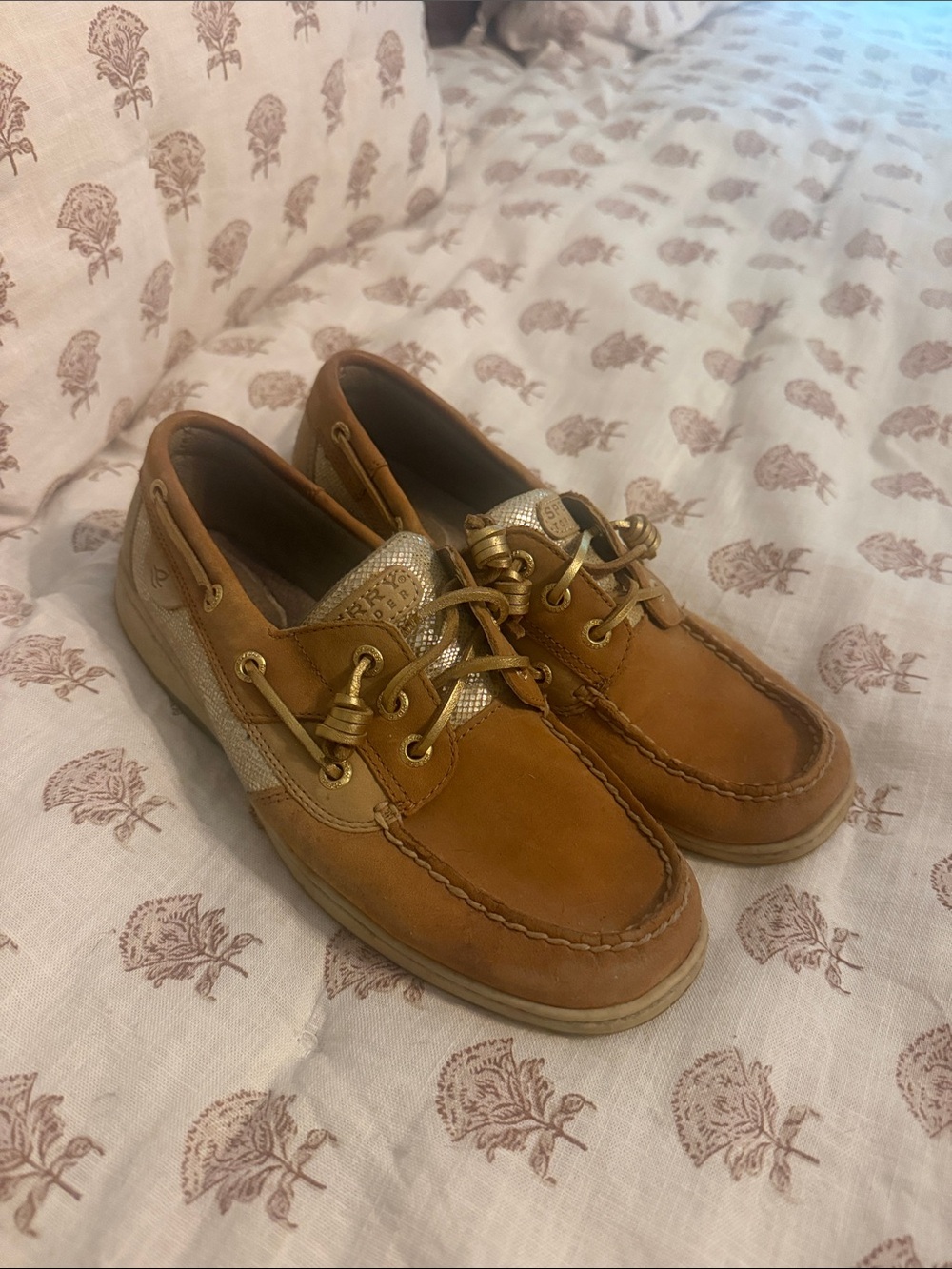 Sperry Tan Leather Boat Shoes with Gold Accents